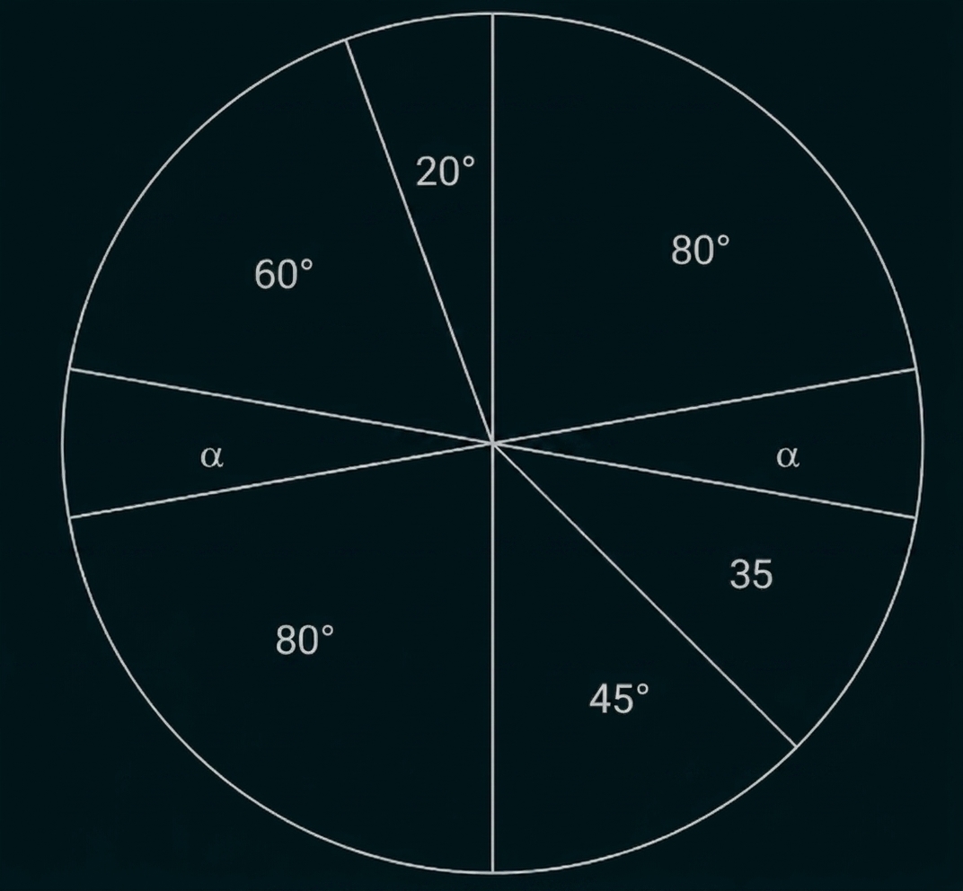 Kreisdiagramm mit mehreren Winkeln und Beschriftungen wie 20°, 60°, 80°, 45° und α.